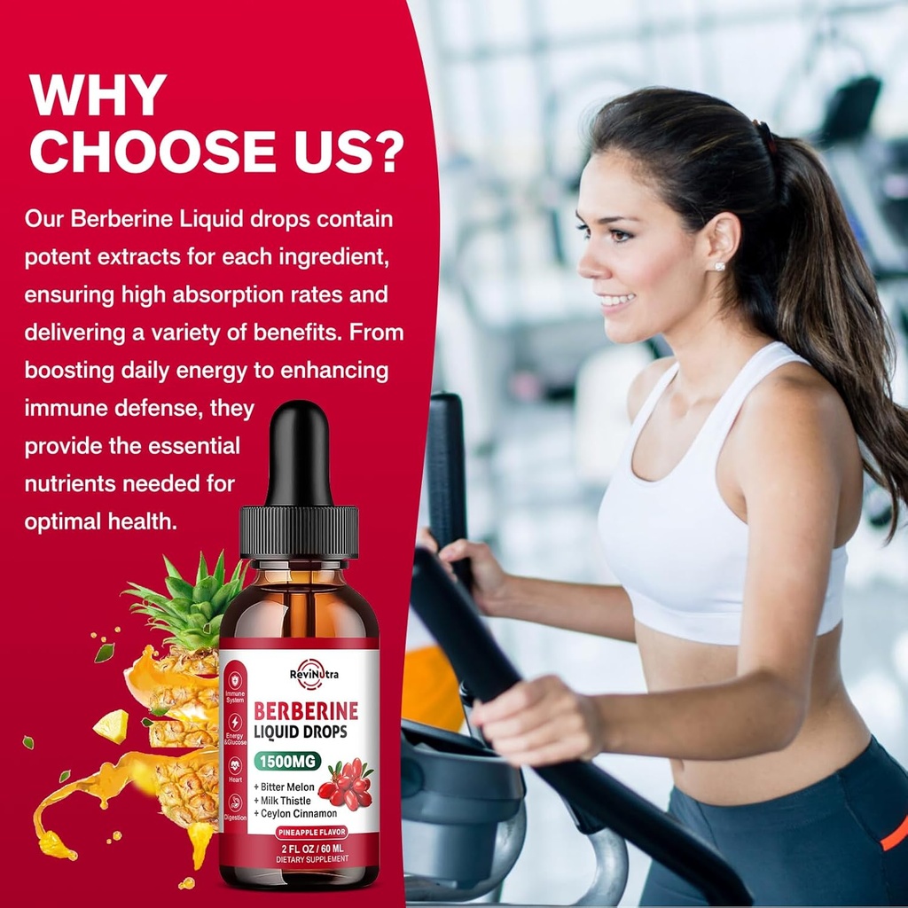 Berberine HCL Liquid Drops, 1500mg Berberine Supplement with Ceylon Cinnamon, Bitter Melon, Milk Thistle for Immune, Digestion System & Heart Health, 2 Fl Oz, Sugar-Free Pineapple Flavor 6