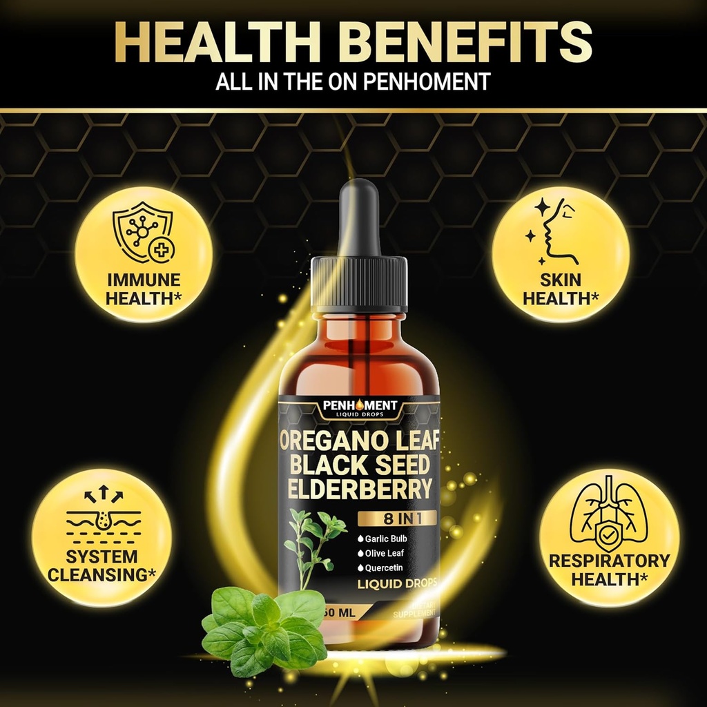 8in1 2900mg Oil of Oregano Drops with Black Seed Oil Liquid | Contains Carvacrol | Garlic, Elderberry, Olive Leaf, Quercetin, Bromelain - 2 Fl Oz 5