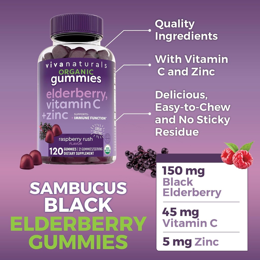 Viva Naturals Organic Sambucus Elderberry Gummies for Adults (120 Count) - 3in1 Black Elderberry Vitamin C and Zinc Immune Support Gummies, Chewable Elderberry Supplements, Zinc Immunity Gummies 4