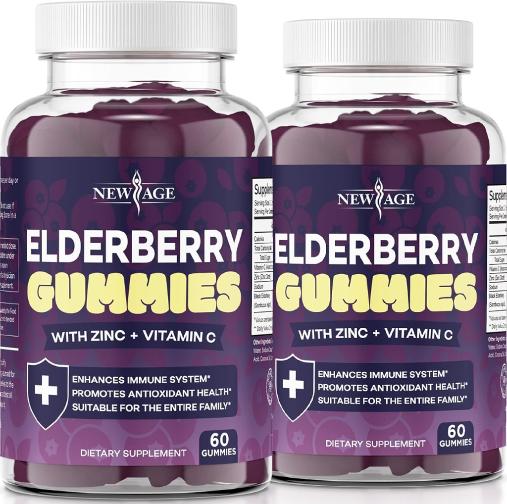 NEW AGE (2-Pack) Premium Elderberry Gummies for Adults Kids with Vitamin C, Zinc, Propolis - Sambucus Black Elderberry Gummy Extract - Gluten Free & Vegetarian - 120 Gummies 2