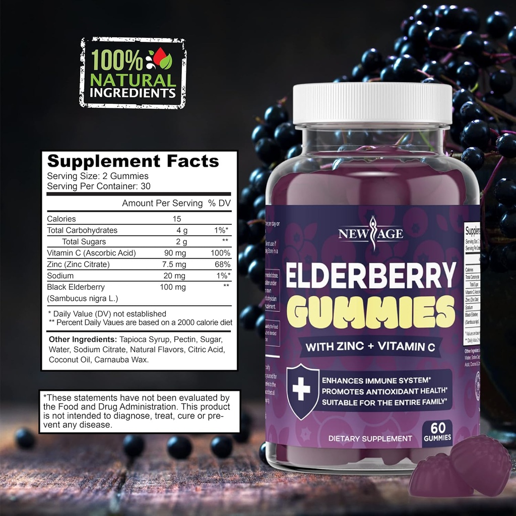 NEW AGE (2-Pack) Premium Elderberry Gummies for Adults Kids with Vitamin C, Zinc, Propolis - Sambucus Black Elderberry Gummy Extract - Gluten Free & Vegetarian - 120 Gummies 3