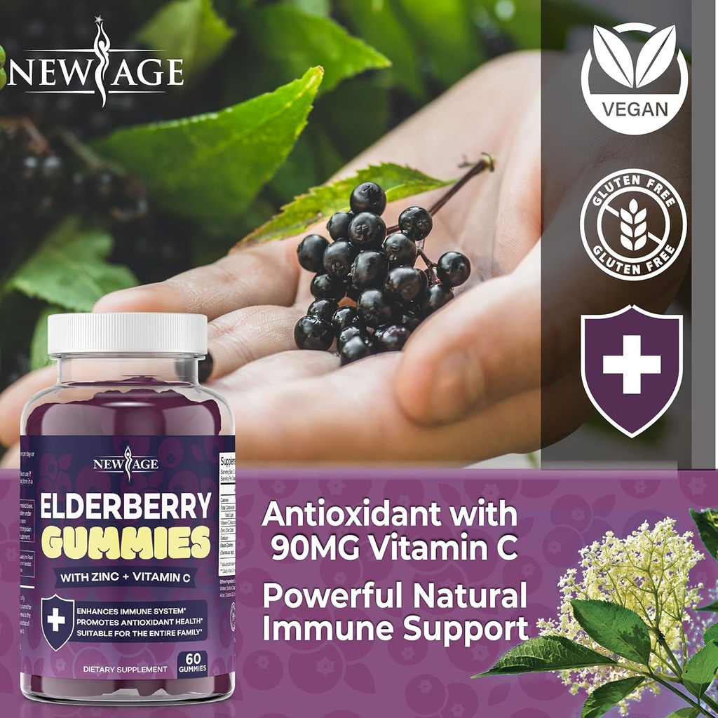 NEW AGE (2-Pack) Premium Elderberry Gummies for Adults Kids with Vitamin C, Zinc, Propolis - Sambucus Black Elderberry Gummy Extract - Gluten Free & Vegetarian - 120 Gummies 5