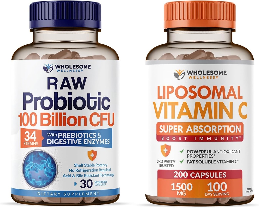 Wholesome Wellness Organic Probiotics 100 Billion CFU, Dr Formulated for Women and Men + Liposomal Vitamin C Capsules (200 Pills 1500mg Buffered) High Absorption VIT C Bundle 2