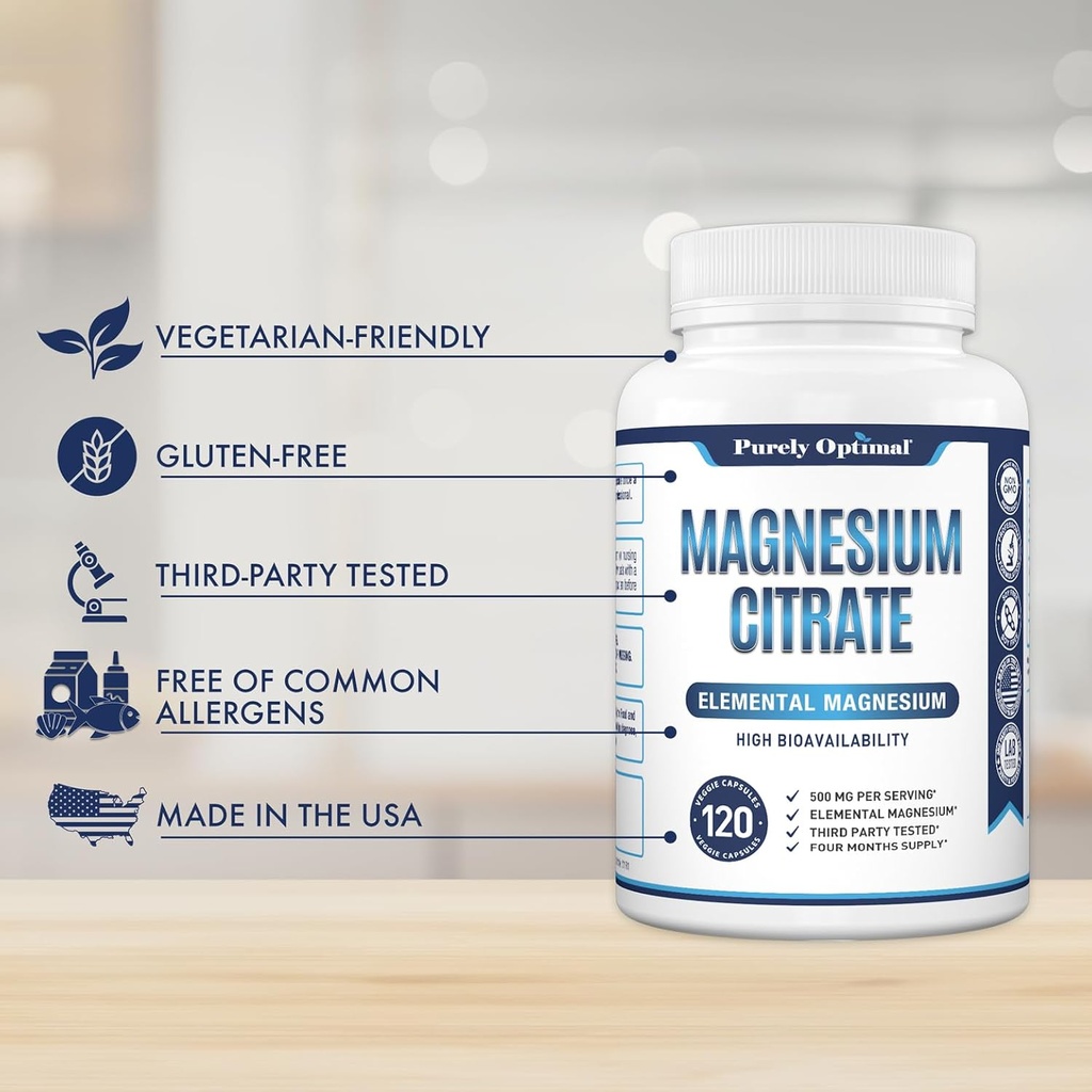 Purely Optimal Magnesium Citrate 500mg – Magnesium Supplement for Digestive Health, Gentle Constipation Relief, Muscle & Sleep Support, Calm & Relaxation – High Absorption, 120 Easy-to-Swallow Caps 6