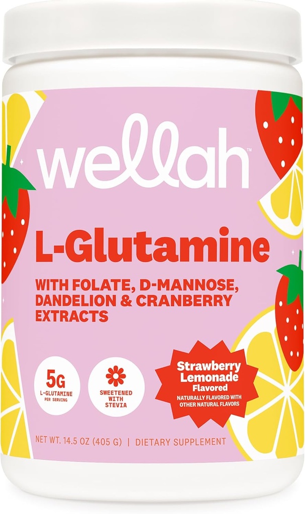 Wellah L-Glutamine Strawberry Lemonade Flavored (50 Servings) - 5g L-Glutamine Per Serving, Sweetened with Stevia 2