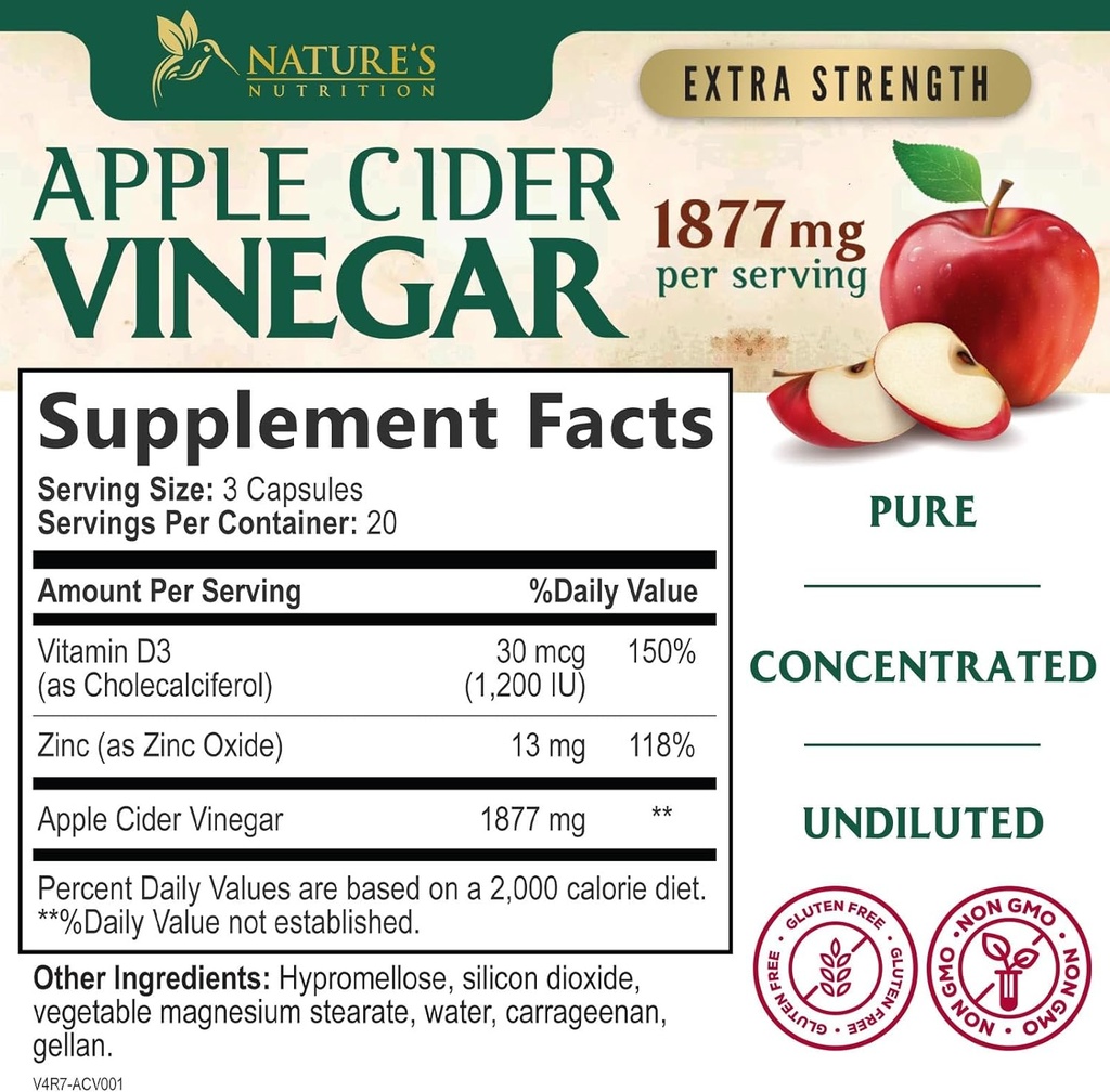Apple Cider Vinegar Capsules 1877mg - Extra Strength Detox & Cleanse with Vitamin D & Zinc - Premium ACV Pills with Joint Natural Digestion & Immune Support - Vegetarian Supplement - 60 Capsules 3