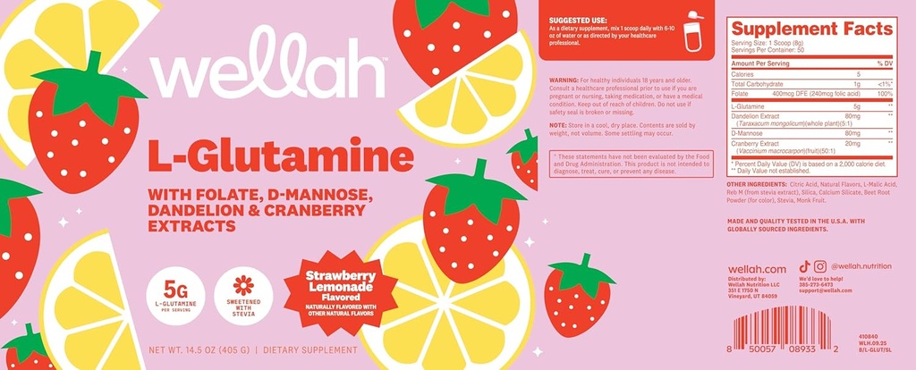 Wellah L-Glutamine Strawberry Lemonade Flavored (50 Servings) - 5g L-Glutamine Per Serving, Sweetened with Stevia 6