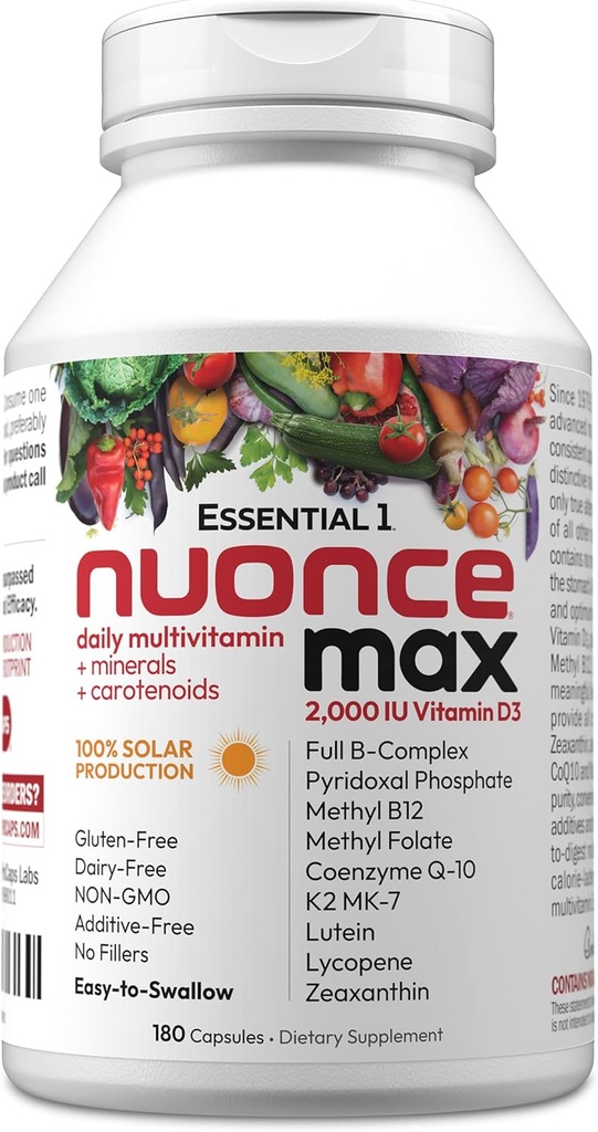 ANDREW LESSMAN Essential-1 nuonce max Multivitamin 2000 IU Vitamin D3 180 Small Capsules. 100 mcg Methyl B12. CoQ10 Lutein Lycopene Zeaxanthin. High Potency. No Additives. Ultra-Mild One Daily Capsule 2