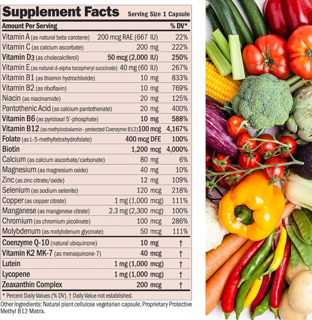 ANDREW LESSMAN Essential-1 nuonce max Multivitamin 2000 IU Vitamin D3 180 Small Capsules. 100 mcg Methyl B12. CoQ10 Lutein Lycopene Zeaxanthin. High Potency. No Additives. Ultra-Mild One Daily Capsule 4