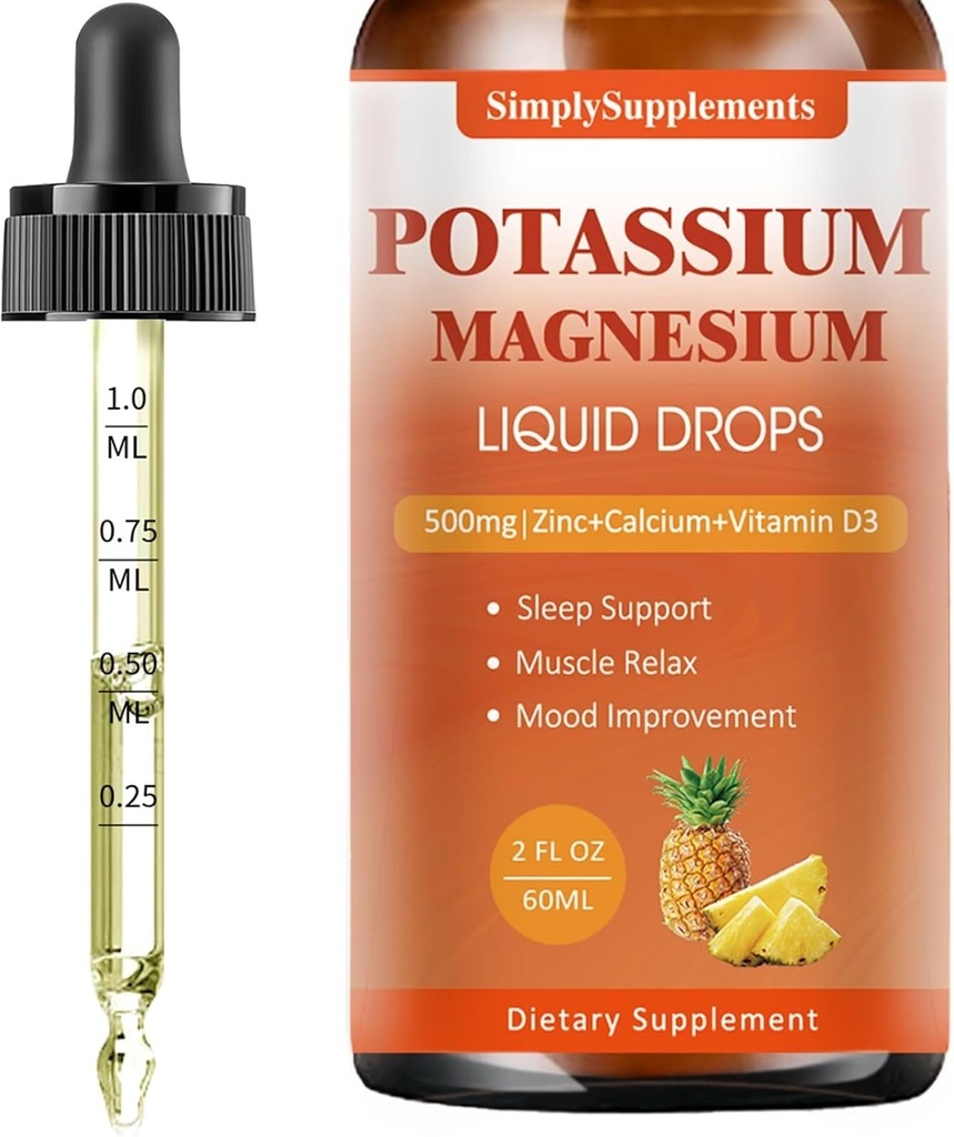 Potassium Magnesium Supplement - Potassium 99mg & 500mg Magnesium Glycinate Complex Liquid Drops with Calcium, Zinc, Vitamin B6, D3 - Energy & Bone & Muscle Support - 2 Fl oz 2
