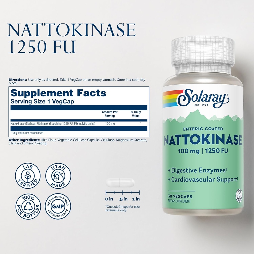 SOLARAY Nattokinase Supplement - Nattokinase 100mg, 1,250 FU - Traditional Health Support Supplement - Lab Verified, 60-Day Guarantee - 30 Servings, 30 VegCaps 3