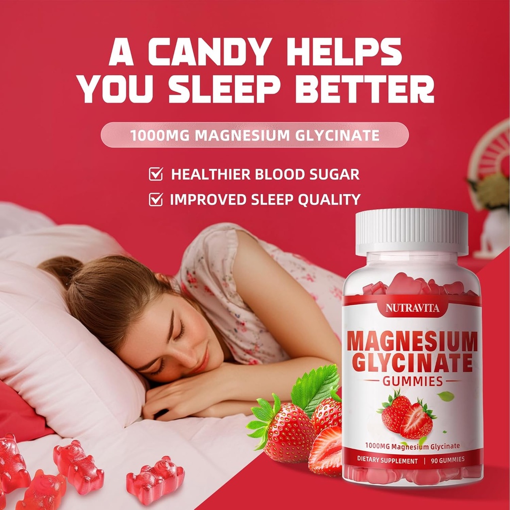 Magnesium Glycinate Gummies 1000mg with L-Threonate,Chelated Magnesium Potassium Complex Supplement with VitD, B6, CoQ10, Calcium,Supports for Memory, Calm, Mood - 180 Gummies Strawberry 6