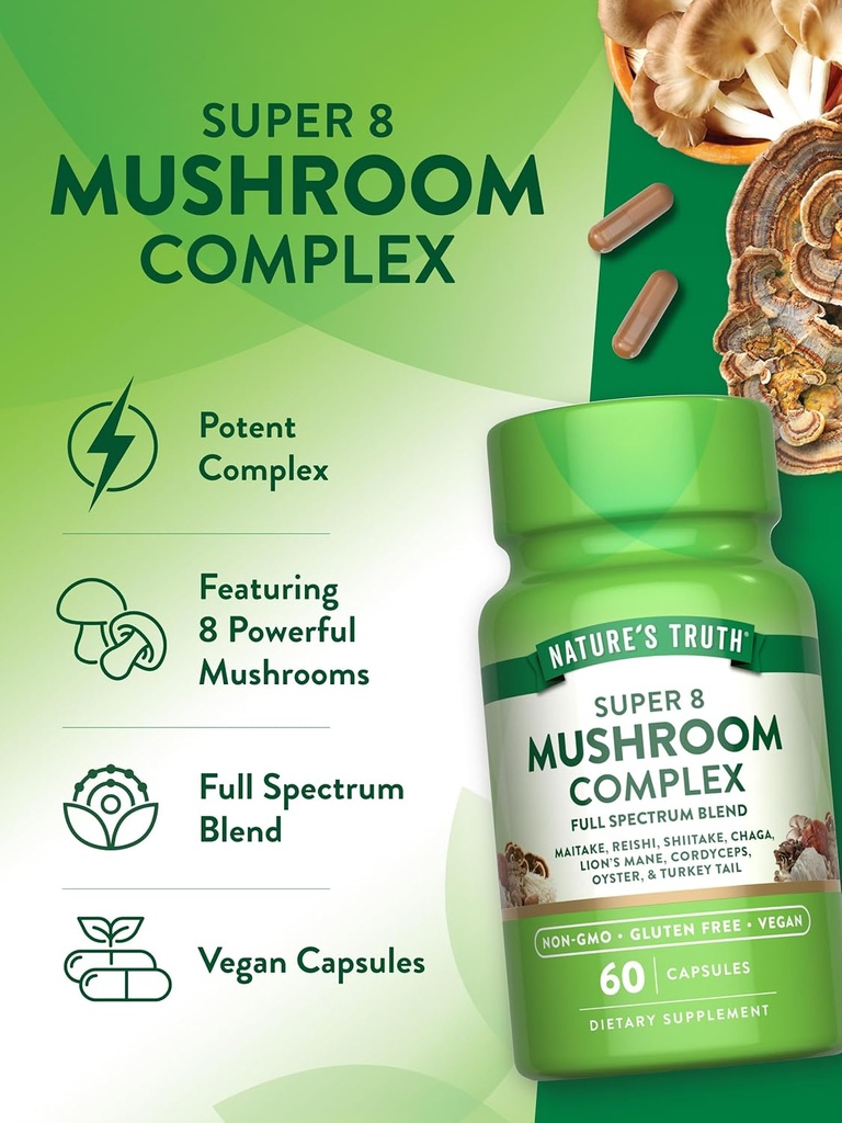 Nature's Truth Mushroom Complex Capsules | 60 Count | Full Spectrum Complex of Super 8 Mushrooms | Vegan, Non-GMO, & Gluten Free Supplement 6
