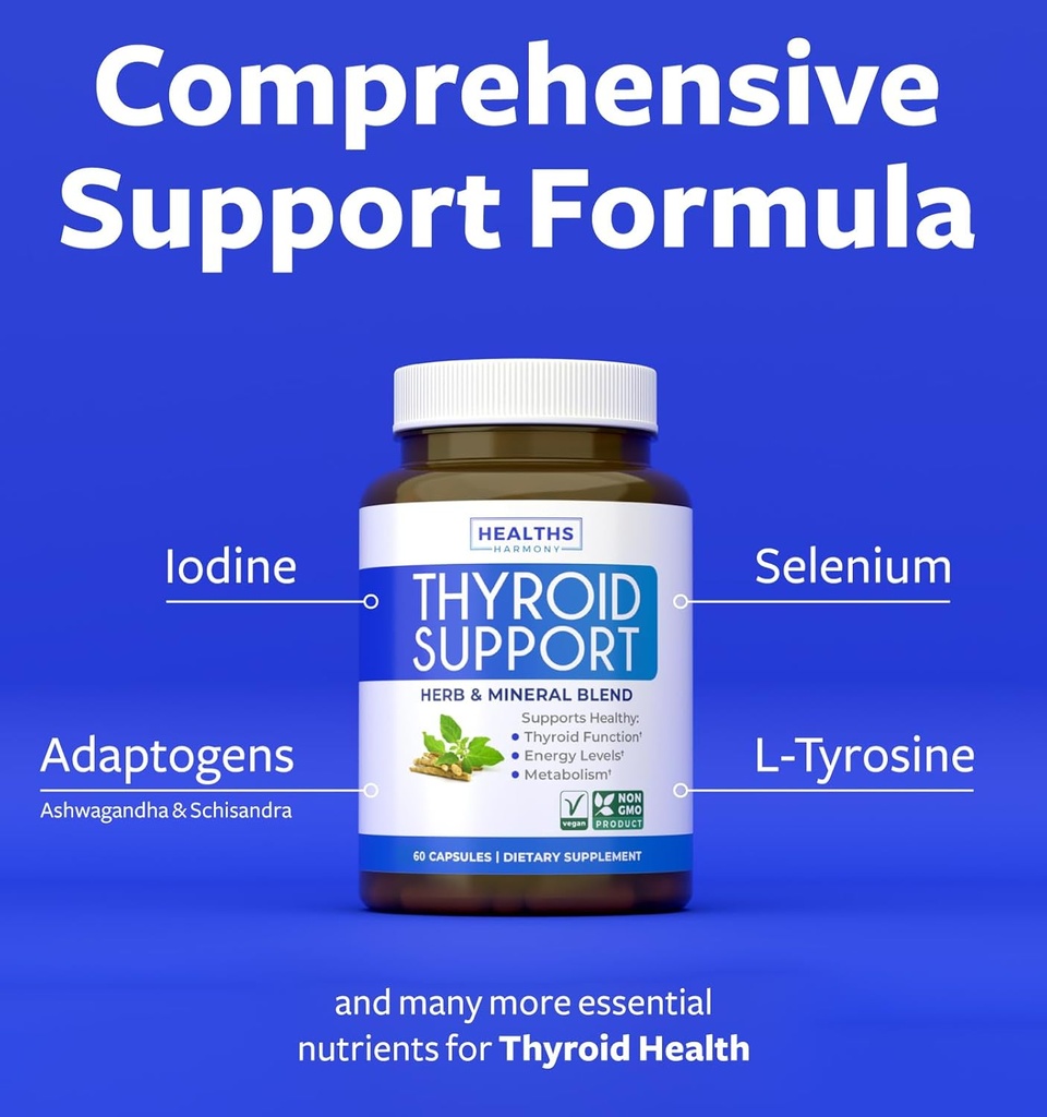 Thyroid Support with Iodine (Non-GMO) Improve Your Energy & Mood - Metabolism Booster Thyroid Health Supplement for Women and for Men - Ashwagandha, Zinc, B12 Complex - 60 Capsules 4