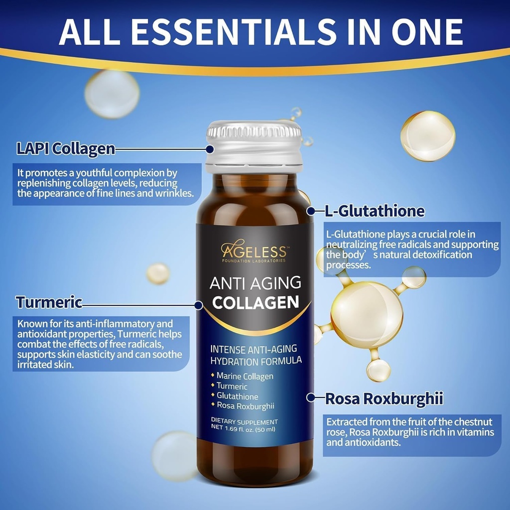Ageless Ultra Anti Aging Liquid Collagen for Men & Women, Marine Collagen, Turmeric, Glutathione, and Rosa Roxburghii, Multi Vitamins, Skincare, Hydrating & Revitalizing Formula - 50 ml (10 Count) 5