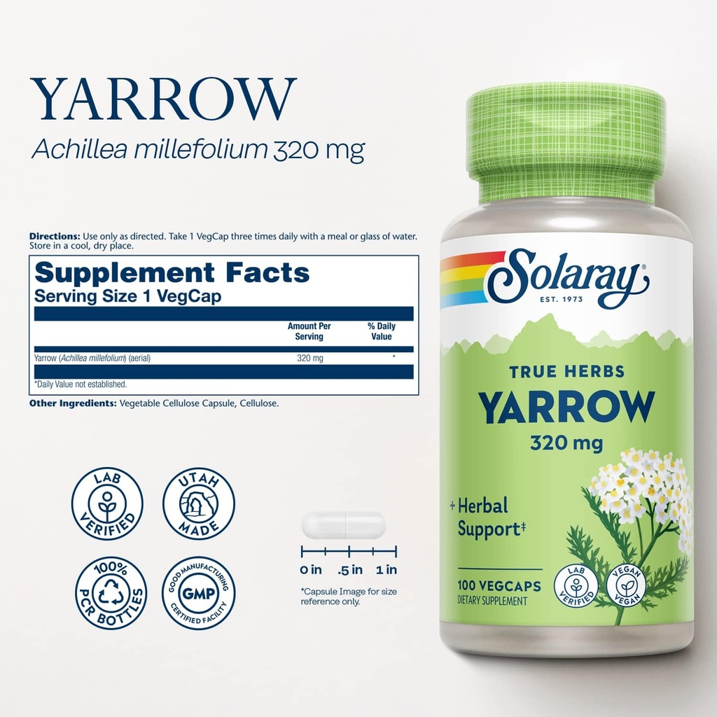 SOLARAY True Herbs Yarrow 320mg, Whole Aerial - Yarrow Herbal Supplements for Wellness Support - Non-GMO, Vegan, Gluten Free, Lab Verified, 60-Day Money Back Guarantee - 100 Servings, 100 VegCaps 3