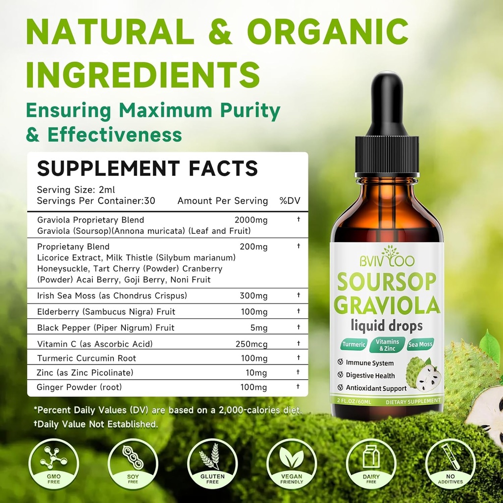Soursop Graviola Liquid Drops - 2000mg Pure Soursop Extract Blended with 300mg Sea Moss & 100mg Elderberry - Powerful Cell Support, Antioxidant-Rich, Immune-Boosting - 2 Fl Oz (60ml) Bottle 5