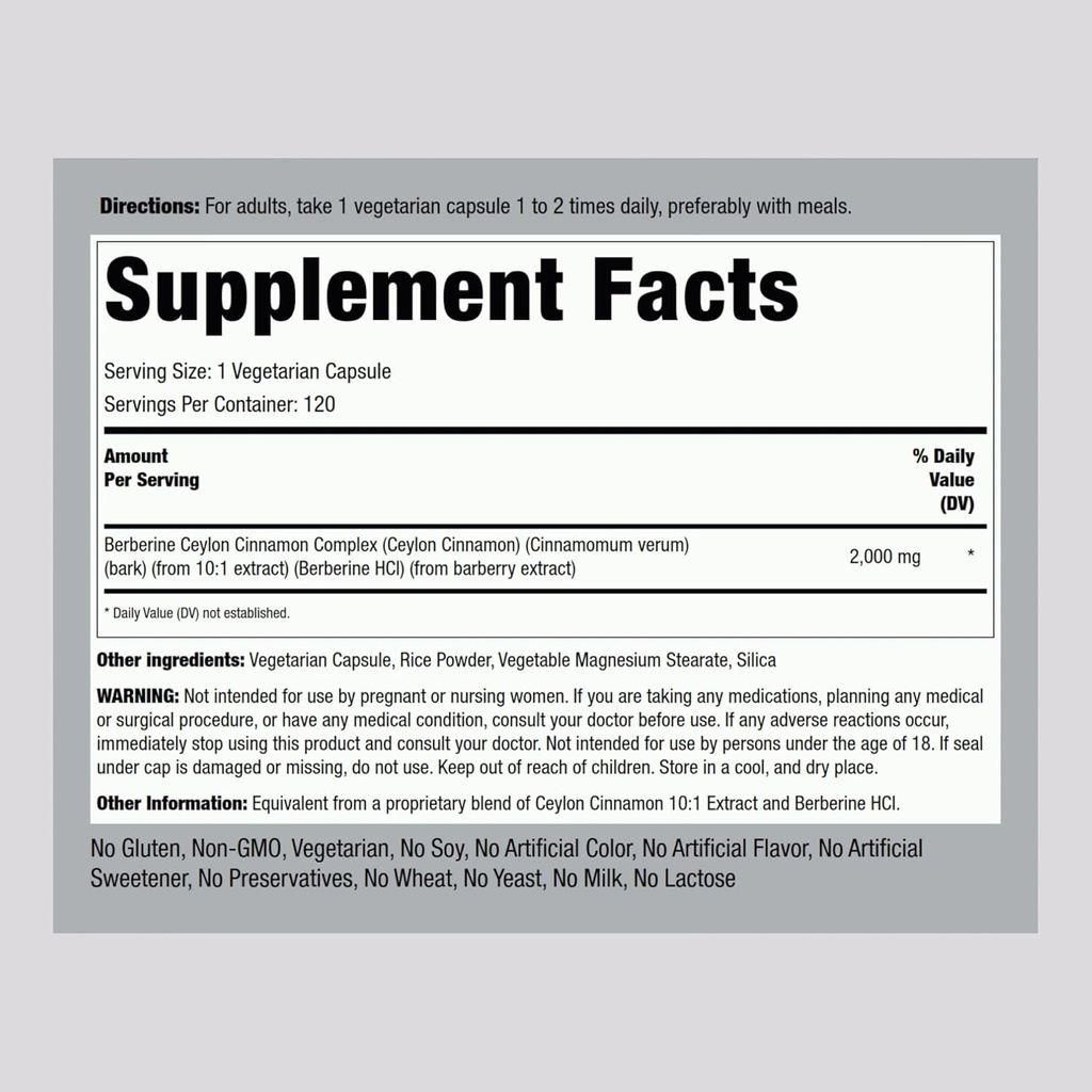 Piping Rock Berberine with Ceylon Cinnamon Supplement | 2000 mg | 120 Capsules | Vegetarian Complex | Non-GMO, Gluten Free 3