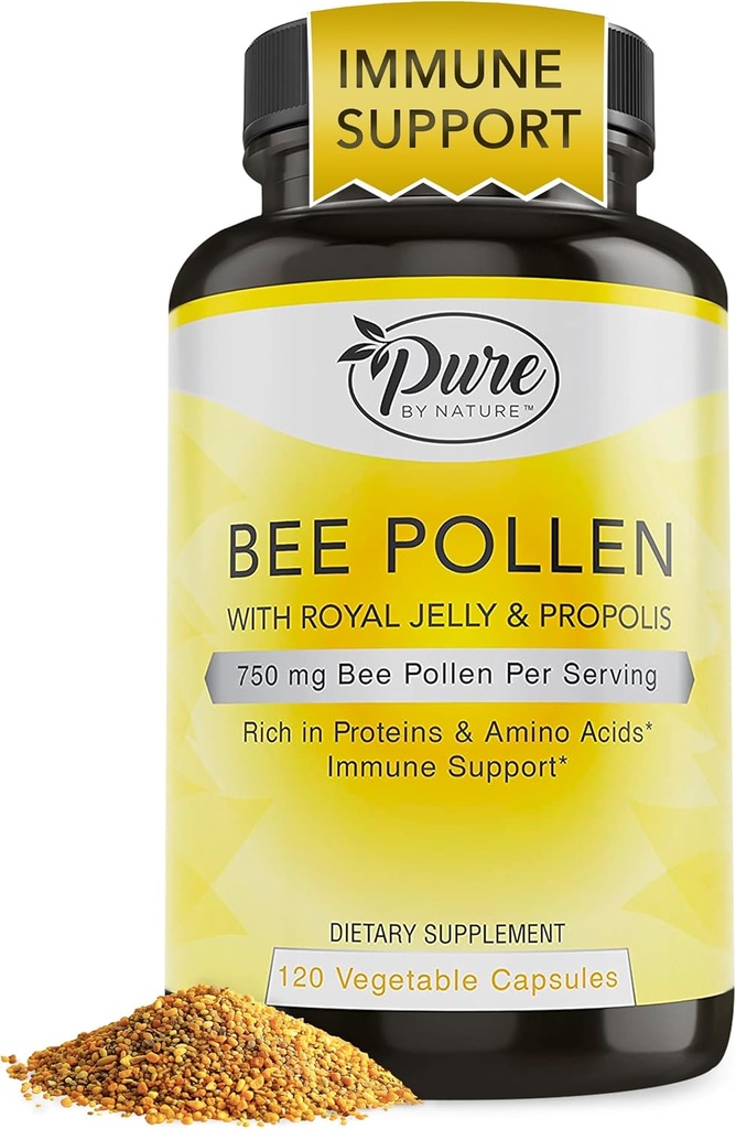 Pure By Nature Bee Pollen Supplement with Propolis & Royal Jelly for Immune Support, Antioxidant Properties, 120 Non-GMO Vegetarian Capsules 2