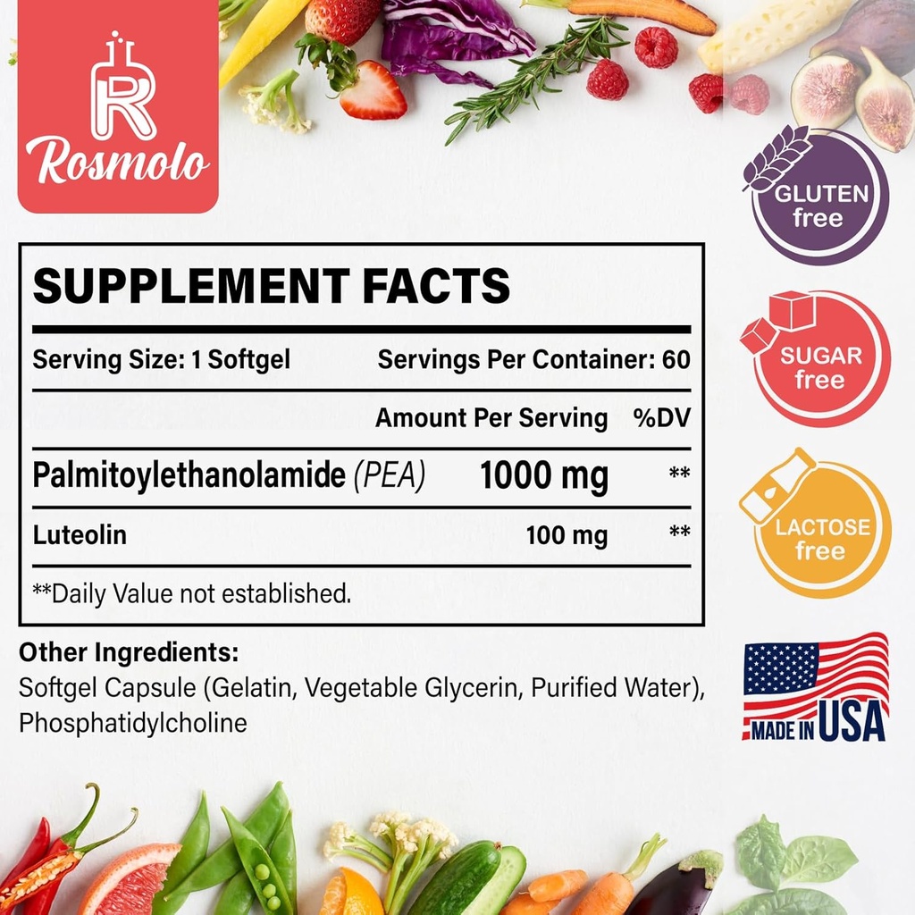 Liposomal Palmitoylethanolamide 1000 mg + Luteolin 100 mg, Micronized Pea 99% Highly Purified - Enhanced Absorption and Bioavailability, 240 Softgels 3