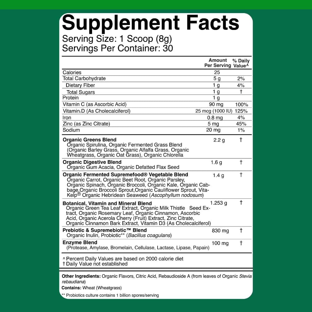 Divine Health Fermented Green Supremefood | 14 USDA Organic & Fermented Vegetables and Grasses | Probiotics | Enzymes | Apple Cinnamon Flavor | 30 Servings | 240g 6