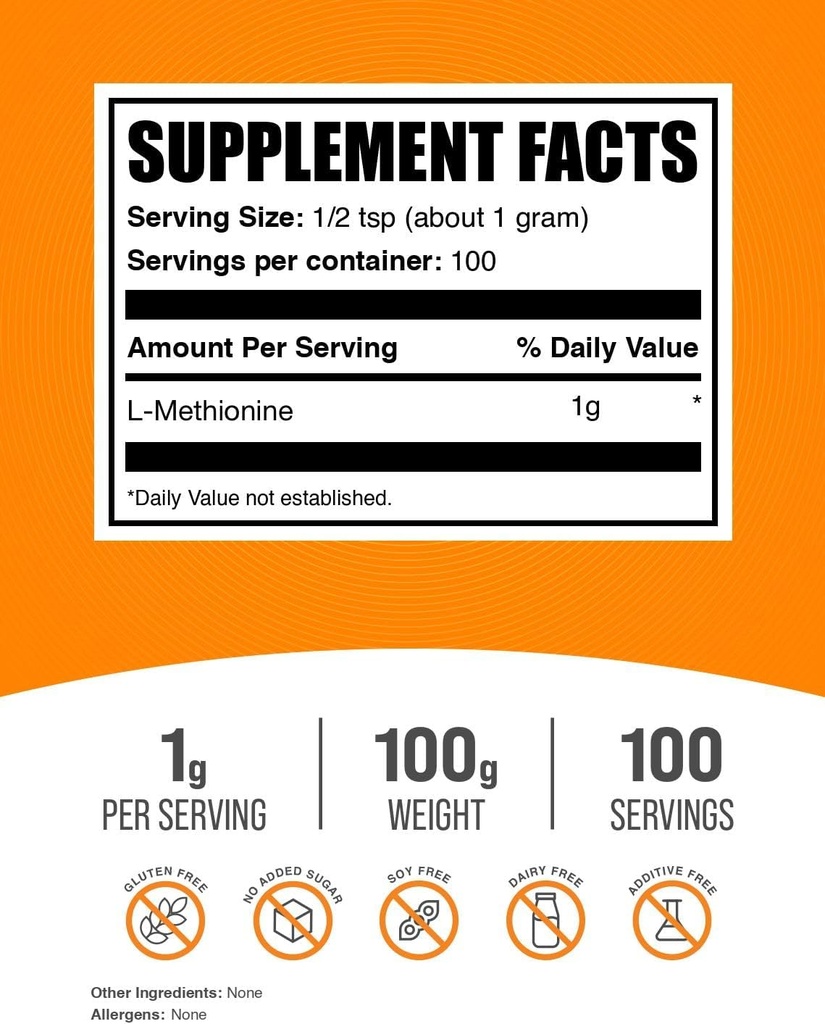 BulkSupplements.com L-Methionine Powder - Amino Acids Nutritional Supplements, Choline Supplements, Antioxidants Supplement - Gluten Free, 1g per Serving, 500g (1.1 lbs) (Pack of 1) 3