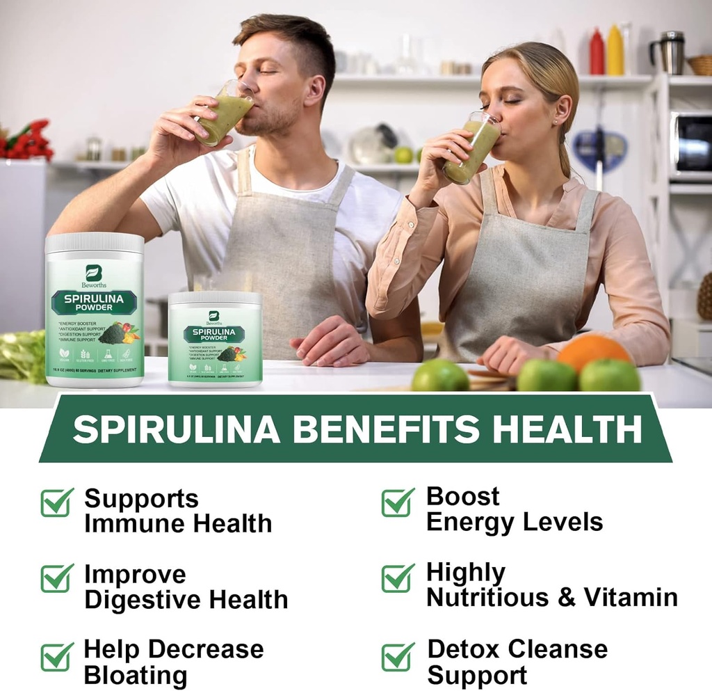 Organic Spirulina Powder, Super Green Powder Juice & Smoothie Mix with Spirulina, Chlorella, Wheat Grass, Digestive Enzymes & Probiotics for Immune Support, Digestion Health -Vegan 5