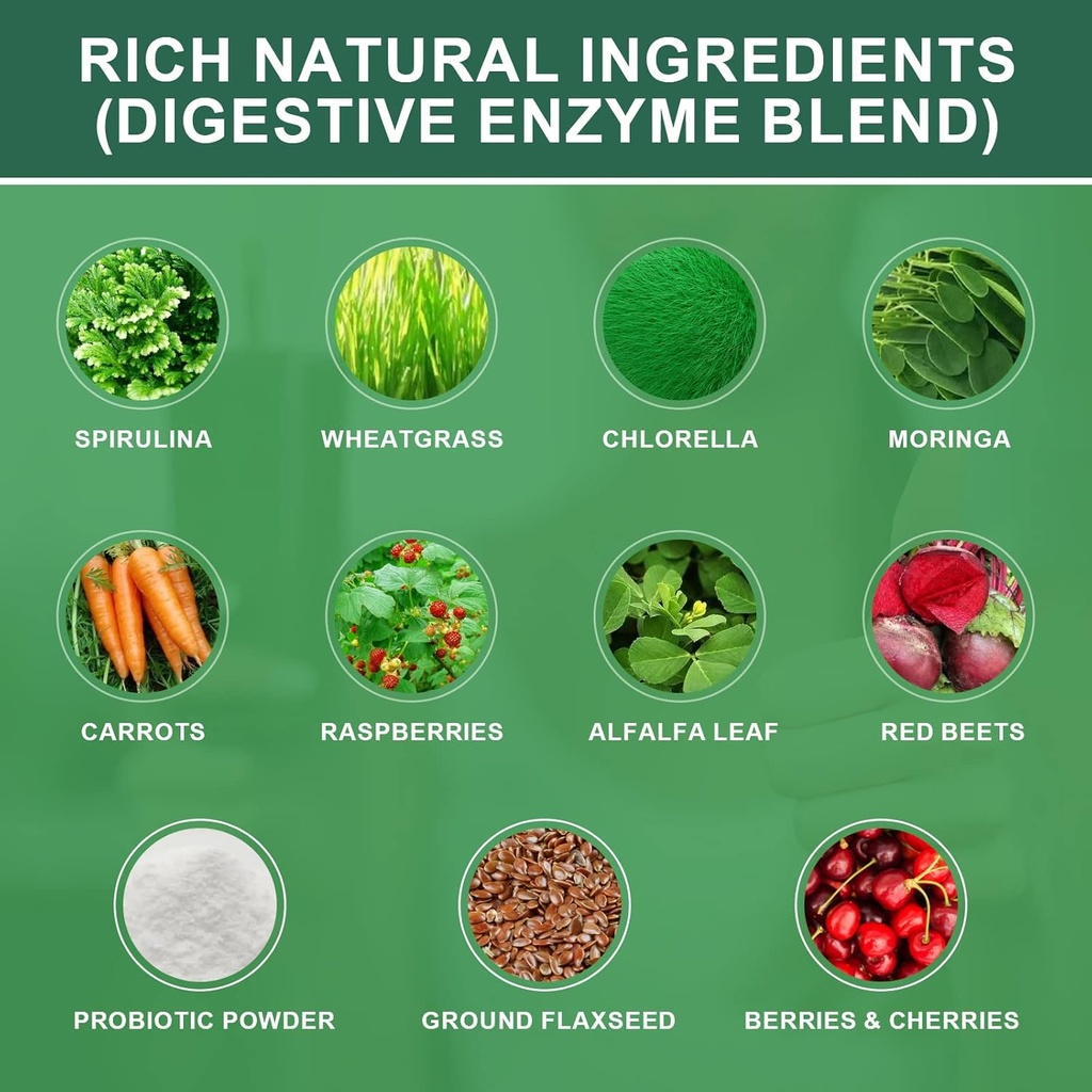 Organic Spirulina Powder, Super Green Powder Juice & Smoothie Mix with Spirulina, Chlorella, Wheat Grass, Digestive Enzymes & Probiotics for Immune Support, Digestion Health -Vegan 6