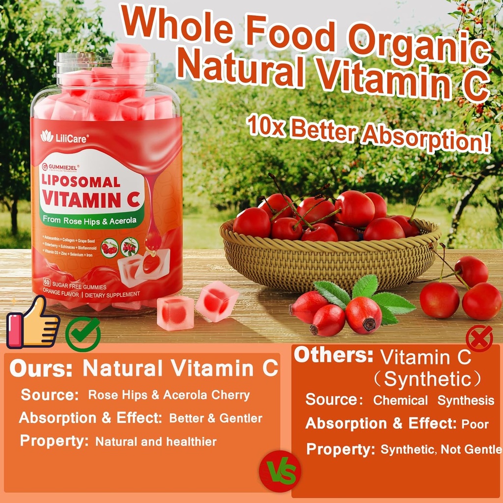 Natural Liposomal Vitamin C 1000mg Gummies for Adults Kids 9+, 1660mg Chewable Vitamin C w/ 11mg Zinc, D3, Elderberry, Echinacea, Bioflavonoid, Immune Support - Organic VIT C from Fruits, Sugar Free 4