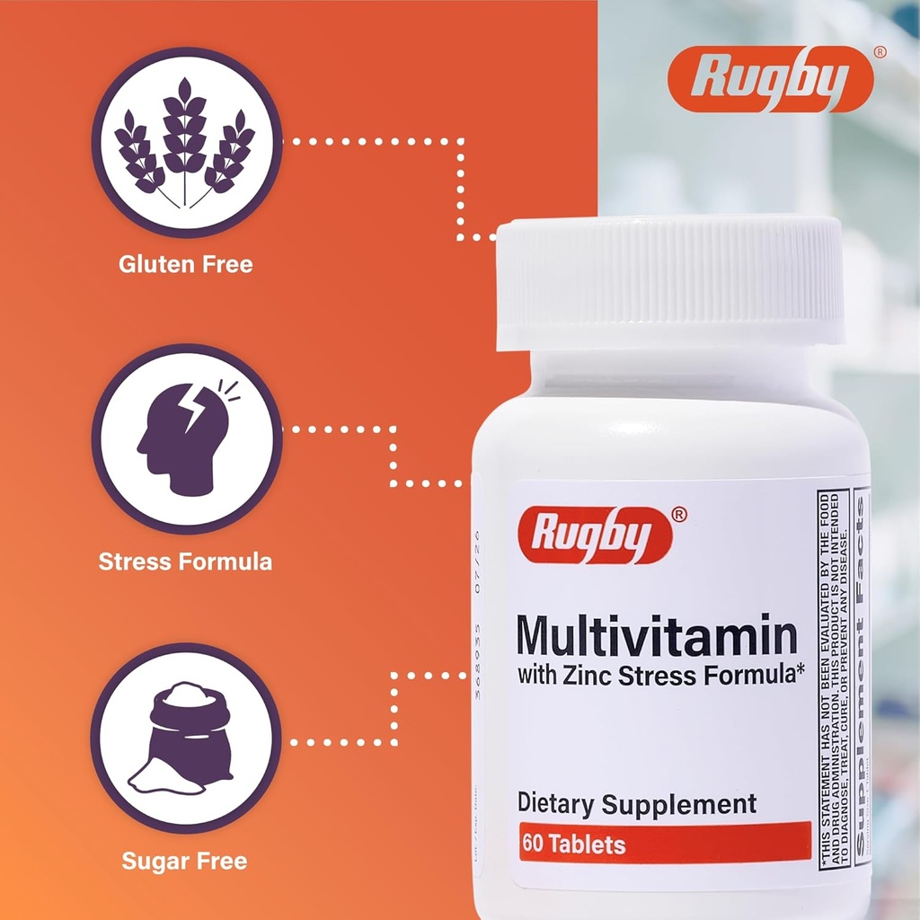 Rugby Multivitamin with Zinc Stress Formula - Dietary Supplement - 60 Tablets (1 Pack) 5