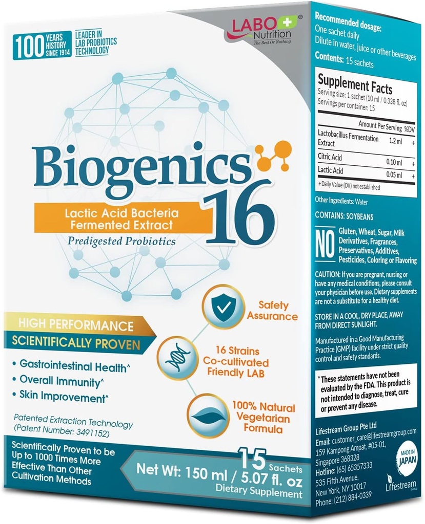 LABO Nutrition Biogenics 16–Lactic Acid Bacteria Fermented Extract, 1000x More Effective, Gut Health Support Beyond Probiotics & Prebiotics, Improve Intestinal Skin and Immune Health, 10mlx15 sachets 2