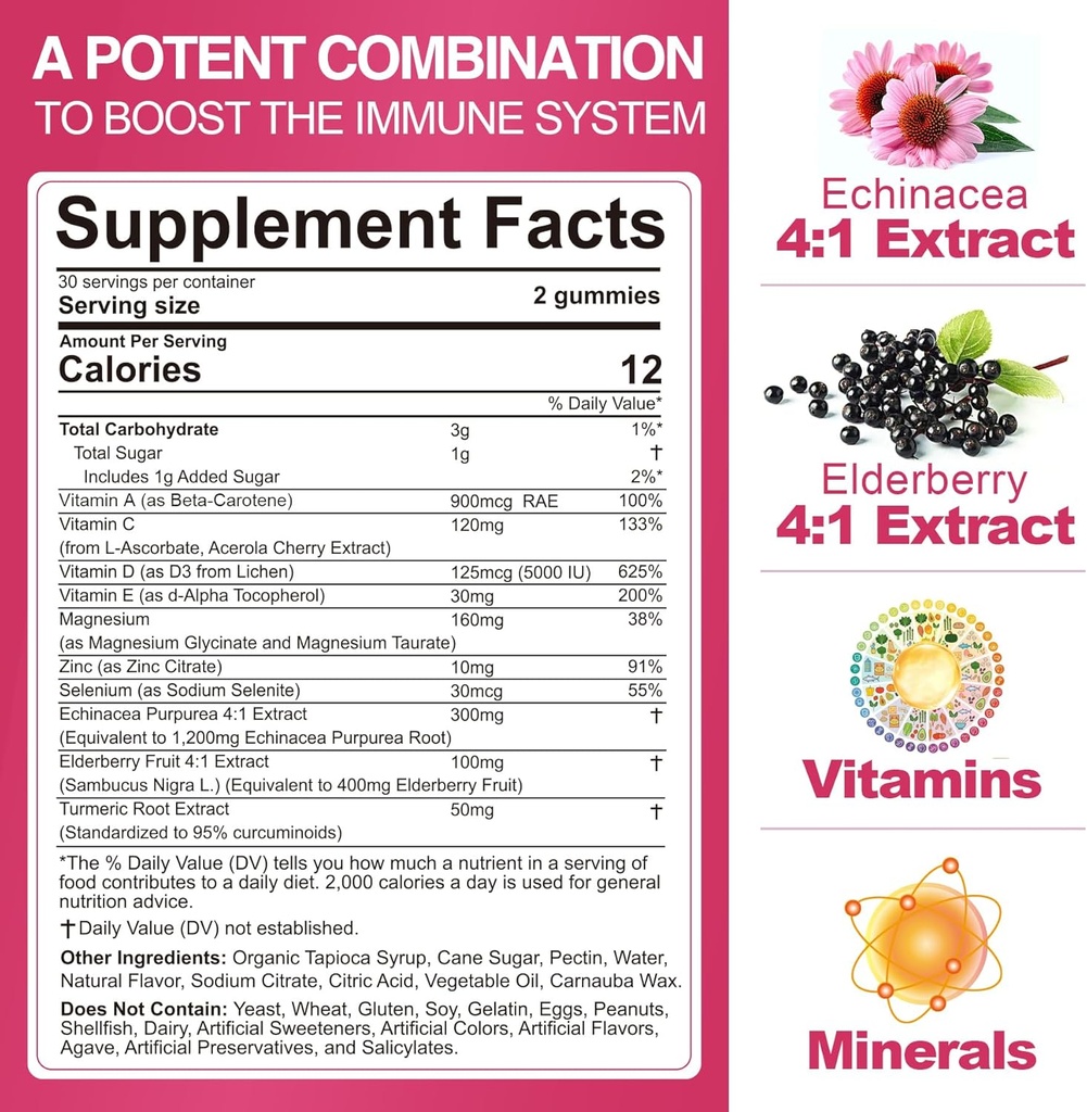 10 in 1 Immune Support Supplement Gummies, w/Echinacea, Elderberry Vitamin C and Zinc, Selenium, Vitamin D3 5000IU, Magnesium, Daily Immune Booster Multivitamin, for Antioxidant Bone Energy, 1 Pack 3