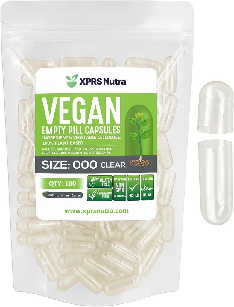XPRS Nutra Vegan Size 000 Empty Capsules - 100 Count Clear Empty Vegan Capsules - Vegetarian Pill - DIY Vegetable Capsule Filling - Veggie Caps Pills 2