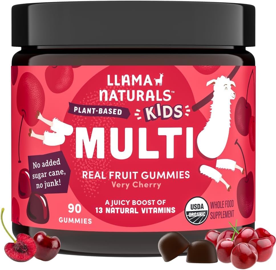 Llama Naturals Kids Multivitamin Gummies, Vegan, Organic with Vitamin D, C & K, Toddler Real Fruit Gummy Vitamins, Chewable Supplement, Whole Food Multivitamin, No Added Sugar Cane, Cherry, 90 Ct 2