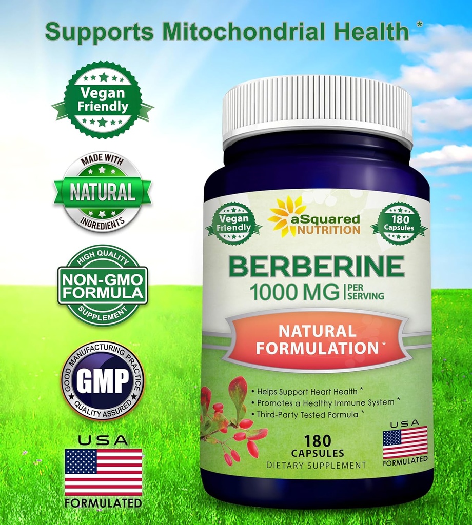 aSquared Nutrition Pure Berberine 1000mg Supplement - 180 Veggie Capsules, Natural Berberine Hydrochloride HCL Plus, Max Strength 1000 mg (2X 500mg), Potent Berberine Vegan Extract 4