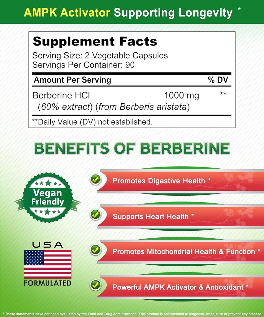 aSquared Nutrition Pure Berberine 1000mg Supplement - 180 Veggie Capsules, Natural Berberine Hydrochloride HCL Plus, Max Strength 1000 mg (2X 500mg), Potent Berberine Vegan Extract 5