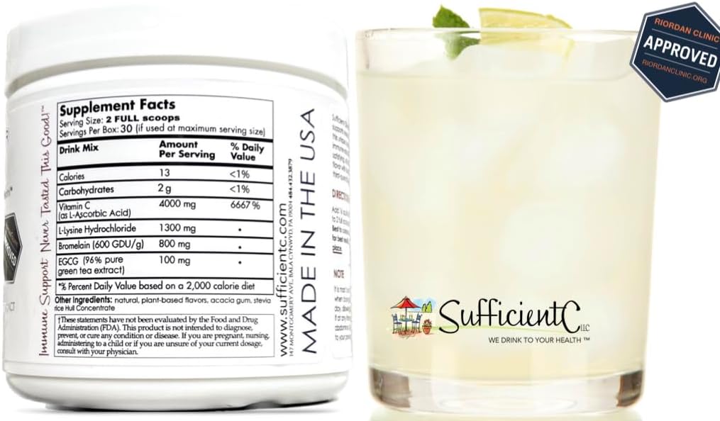 Sufficient-C High Dose Non-GMO Vitamin C - Lemon Peach Immune-Ade Drink Mix 250 Grams - Healthy Hydration Like Never Before (2 Pack) 3