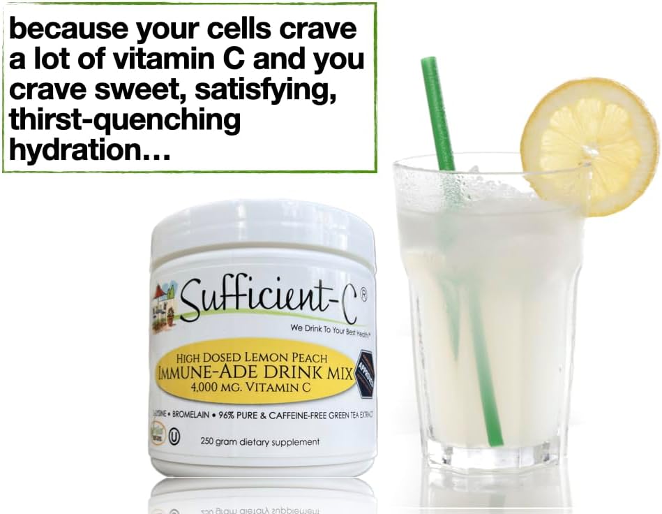 Sufficient-C High Dose Non-GMO Vitamin C - Lemon Peach Immune-Ade Drink Mix 250 Grams - Healthy Hydration Like Never Before (2 Pack) 4
