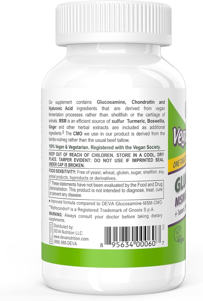 DEVA Vegan Glucosamine MSM & Chondroitin + Turmeric, CMO, Boswellia, Hyaluronic Acid & More, Improved Non-Animal Formula, 90 Tablets 4