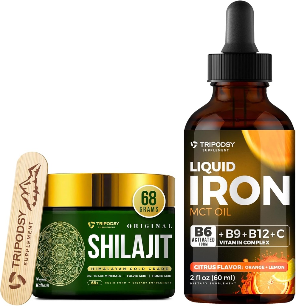 Liquid Iron Supplement with Vitamins B6, B9, B12, C, Folate & MCT Oil (2 Fl Oz, Citrus) + Pure Himalayan Shilajit Resin 600mg for Immune Support & Energy (68g) 2