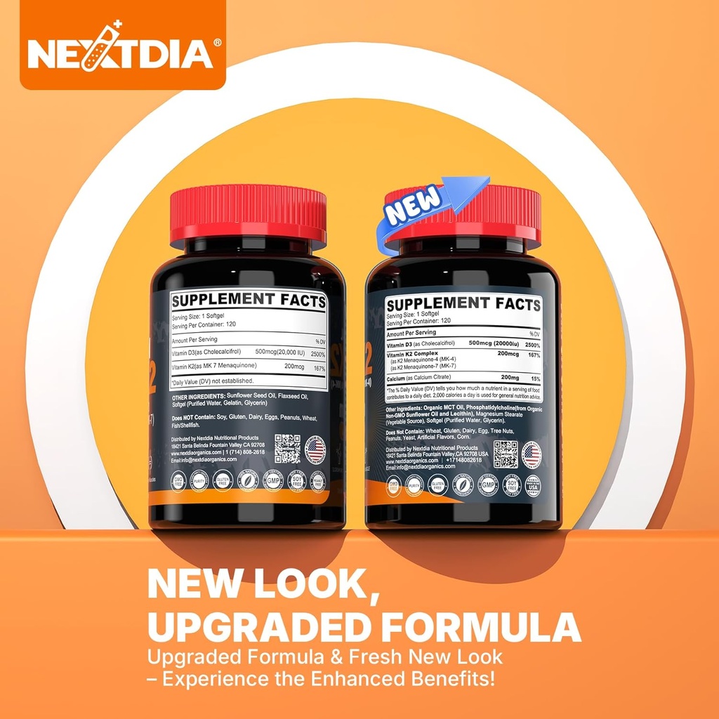 Vitamin D3 20,000 IU + Vitamin K2( MK7 )200mcg - Optimal Vitamin D3 & K2 Softgel - Strong Bones & Muscle, Calcium Absorption & Immune Support, Helping Vitamin D Deficiencies, Easy to Swallow, Non GMO 3