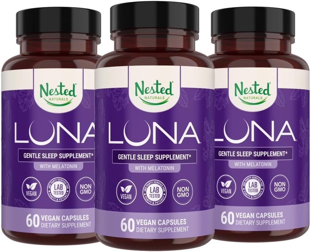 Nested Naturals Luna Herbal Sleep Supplement with Melatonin, Valerian Root, Chamomile | 180 Vegan Capsules (3-Pack) - 60 Capsules Per Bottle 2