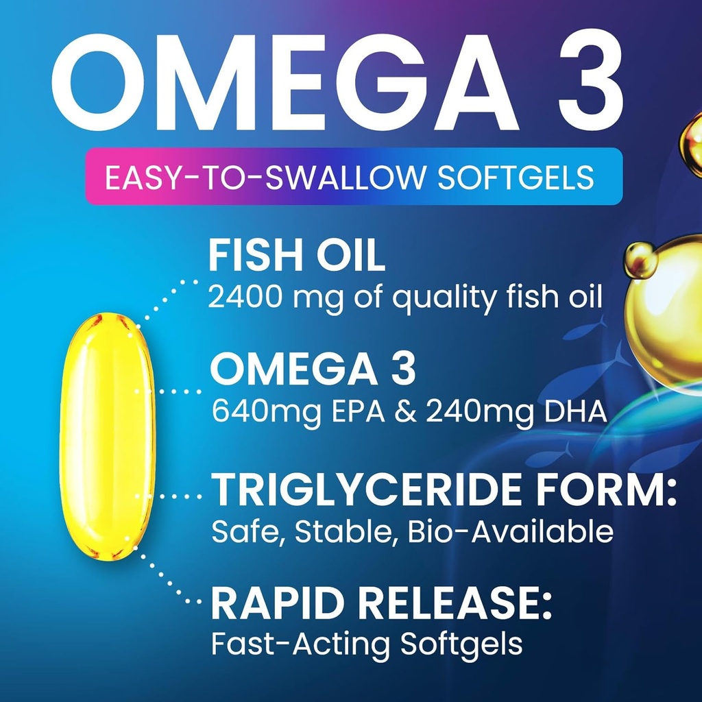 Omega 3 Fish Oil 2400 mg Supplement, Sustainably Sourced, Triple Strength Omega-3 Supplement Softgels, Brain Health Support, EPA & DHA Fish Oil Fatty Acids Supplements, Gluten & GMO Free, 60 Softgels 6