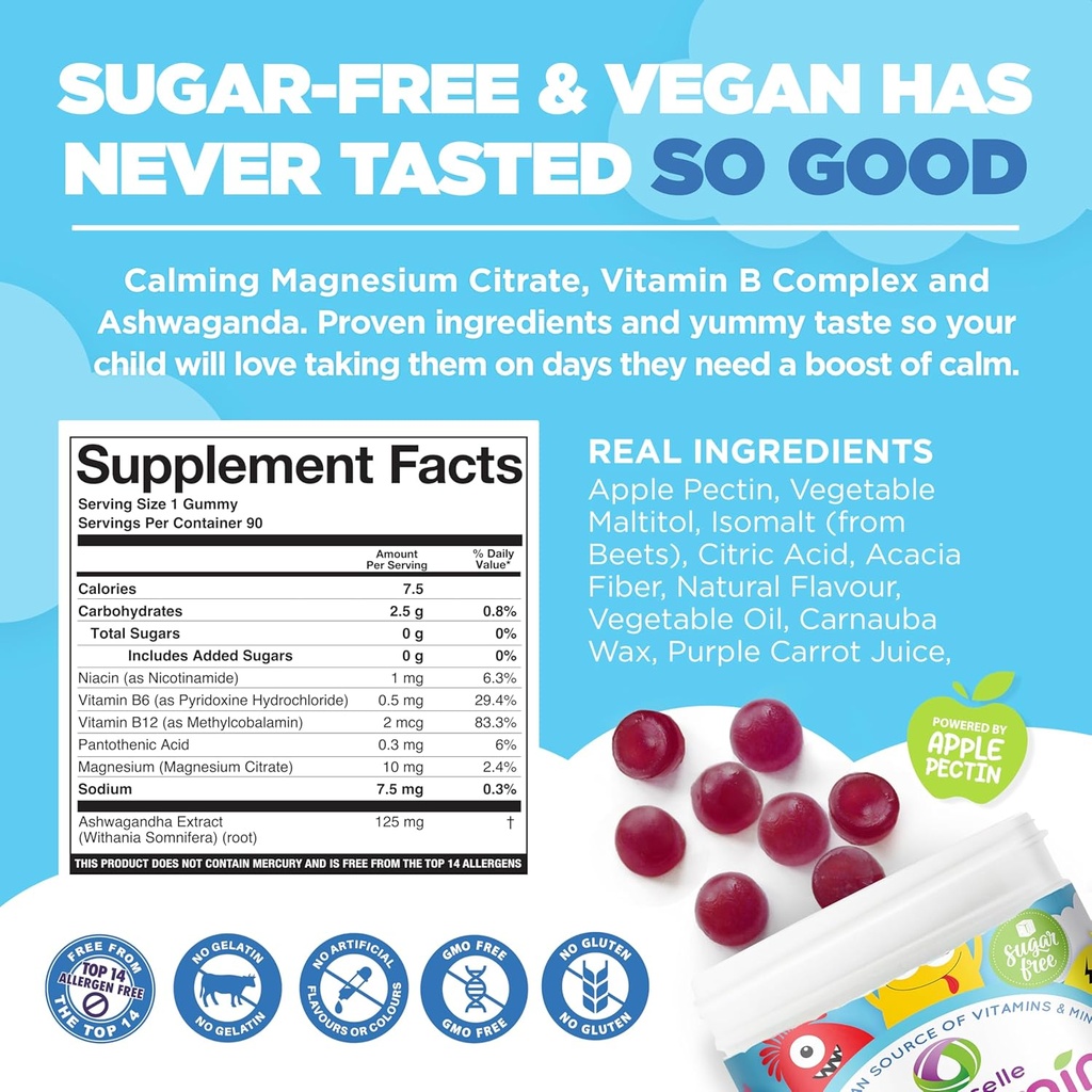 NUTRAMIN Kids Mood Boost Vegan Vitamin Gummy: Calming Magnesium Citrate Supplement for Children with Ashwagandha & Vitamin B Complex to Relax & Focus - Sugar-Free, Allergy-Safe, Non-GMO 90 ct 4