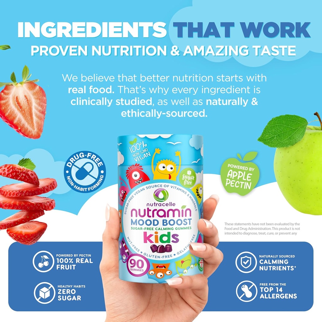 NUTRAMIN Kids Mood Boost Vegan Vitamin Gummy: Calming Magnesium Citrate Supplement for Children with Ashwagandha & Vitamin B Complex to Relax & Focus - Sugar-Free, Allergy-Safe, Non-GMO 90 ct 5