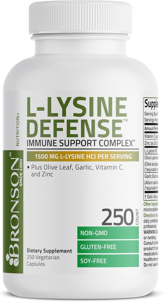 Bronson L-Lysine Defense Immune Support Complex 1500 MG L-Lysine Plus Olive Leaf, Garlic, Vitamin C and Zinc - Non-GMO, 250 Vegetarian Capsules 6