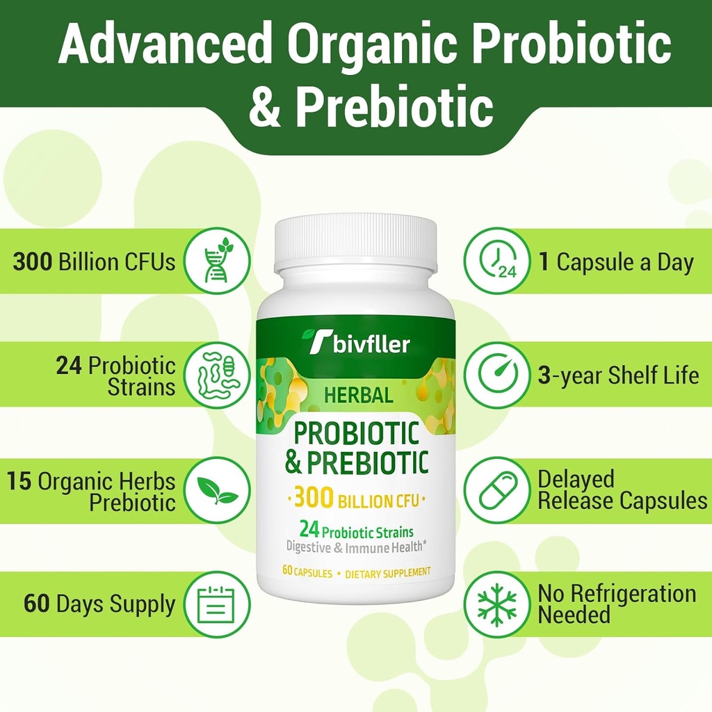 Probiotics for Women Men- 300 Billion CFU, 24 Strains Probiotic+15 Organic Herbs Prebiotics Blend, Pre and Probiotics, for Digestive Health, Immune & Gut, Diarrhea, Bloating, Vegan, 2 Month Supply 6