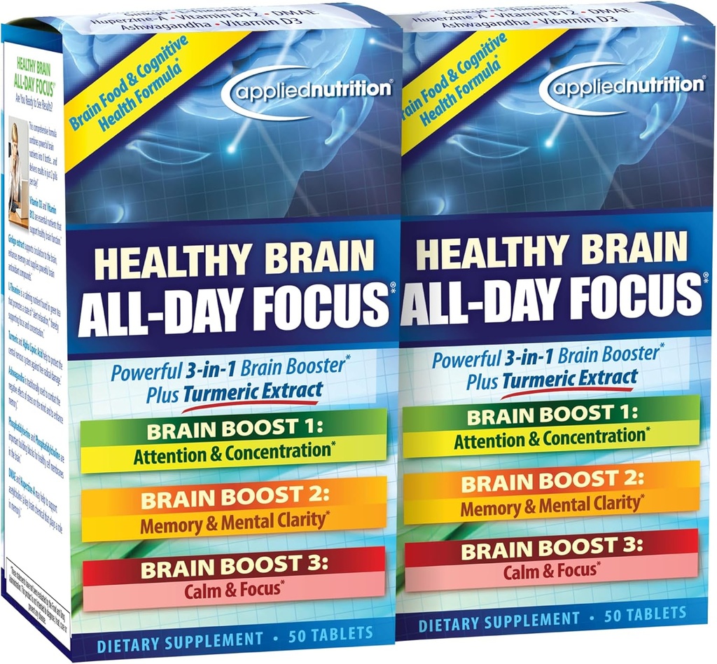 Applied Nutrition Healthy Brain All-Day Focus - 50 Tablets, Pack of 2 - Powerful 3-in-1 Brain Booster with Turmeric Extract - 50 Total Servings 2