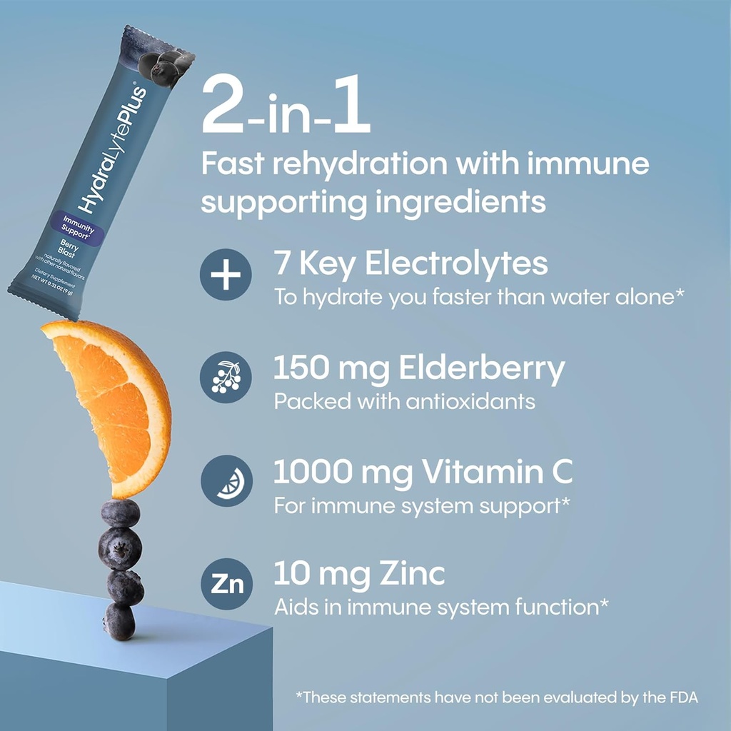 Hydralyte Electrolytes Plus Immunity, Elderberry - Low Sugar Rapid Rehydration Powder - Lightly Sparkling Electrolyte Powder Packets with 1,000mg Vitamin C and 300 mg Elderberry (8oz Serve, 20 Count) 4