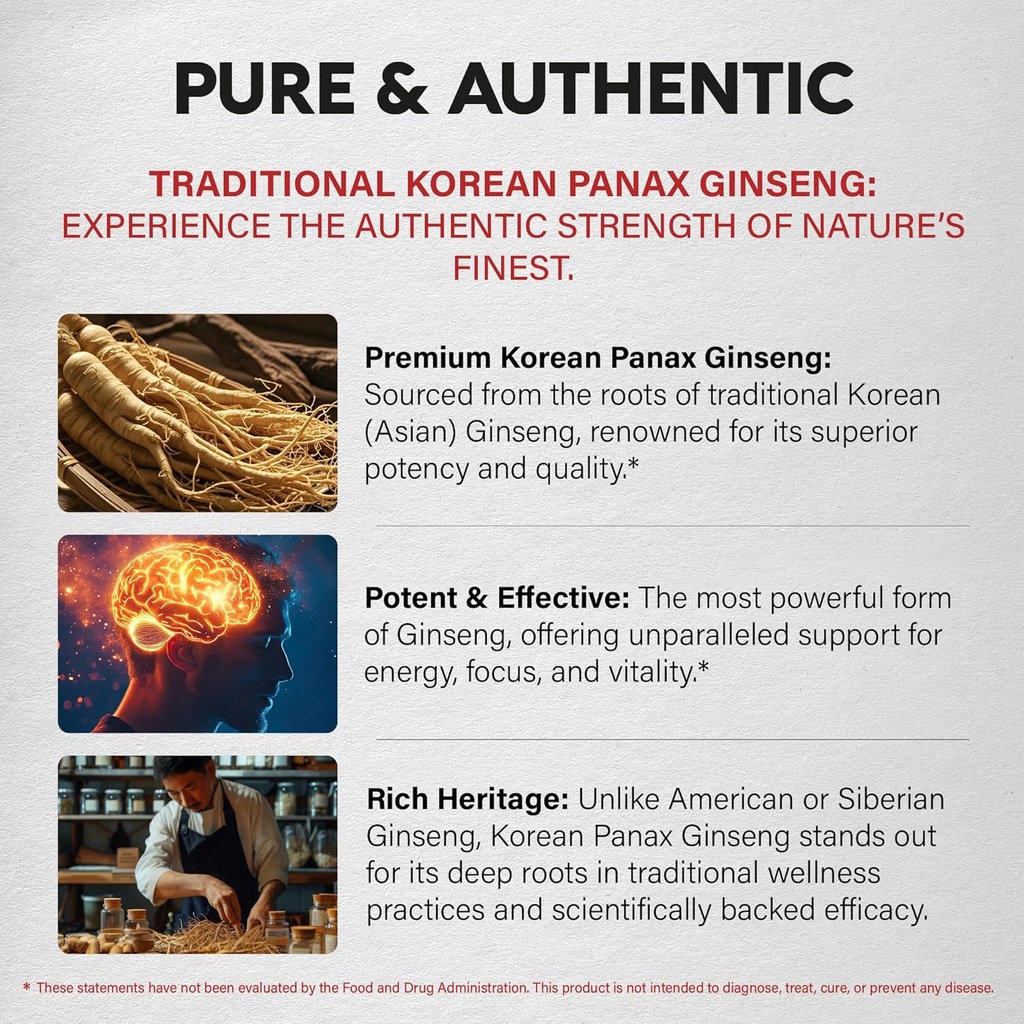 Panax Ginseng 15,000 mg - Red Korean Ginseng Supplement for Men - Extra Strength 10:1 Extract - Energy, Focus, Productivity & Performance - Natural & Vegan - Made in USA - 120 Capsules, 2 Month Supply 6
